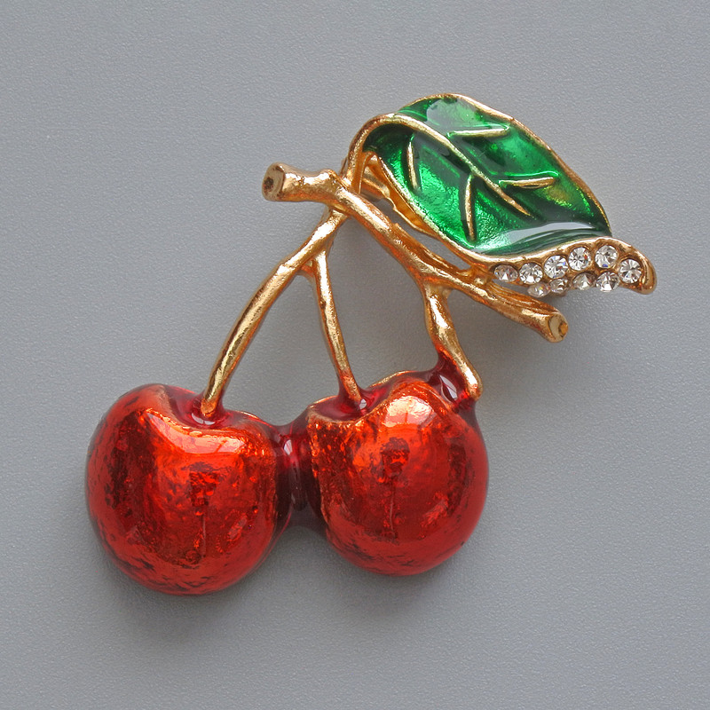 Cherries Brooch, Red & Green Enamel, White Rhinestones, Gold-Tone Metal, 22x35mm