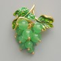 Grapes Brooch Pendant with Jade Beads, Green Enamel, Gold-Tone Metal 35x45mm