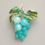 Grapes Brooch Pendant with Aquamarine Beads, Green Enamel, Silver-Tone Metal 35x45mm