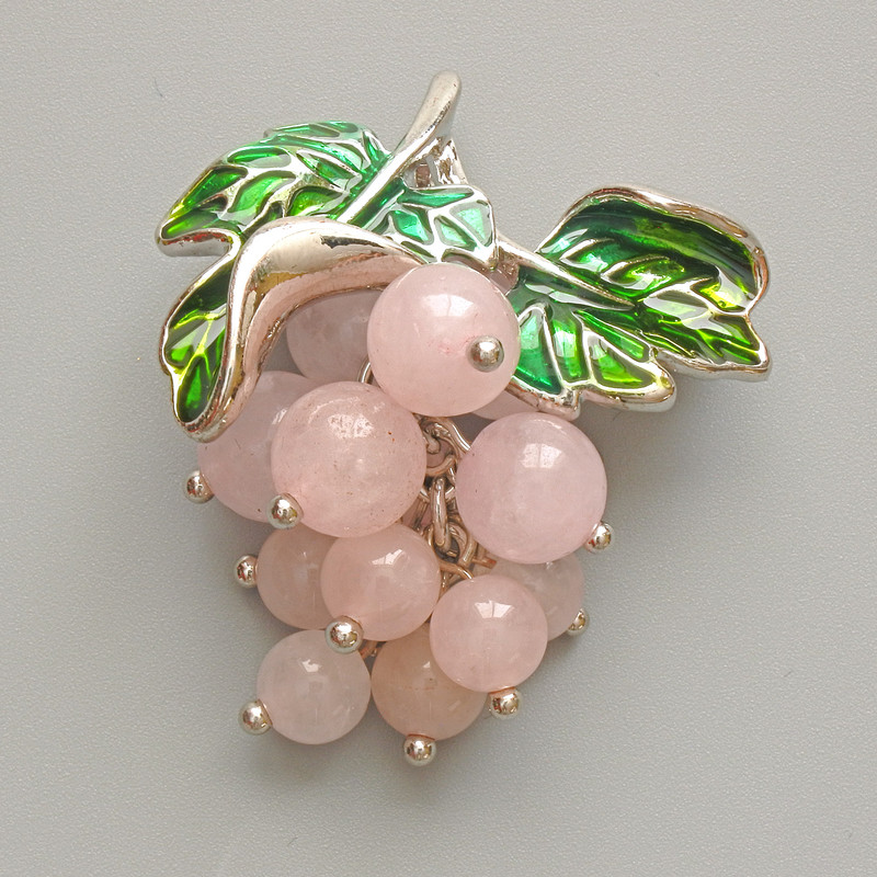 Grapes Brooch Pendant with Rose Quartz Beads, Green Enamel, Silver-Tone Metal 35x45mm