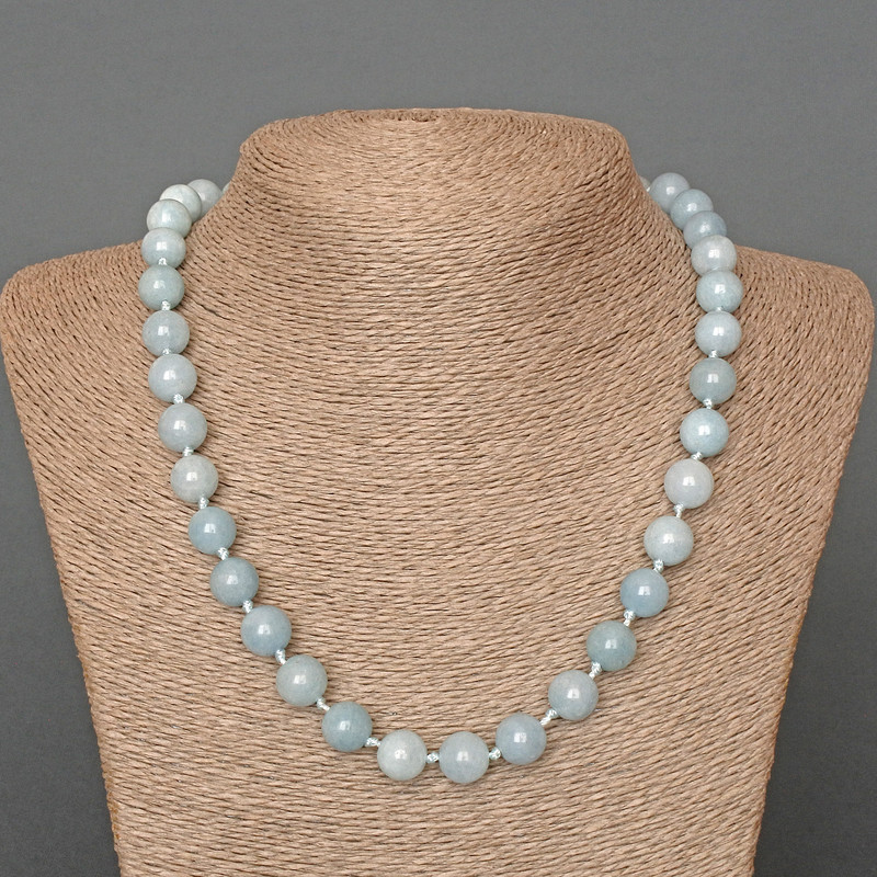 Necklace Aquamarine natural stone smooth round bead, diameter 10mm+-, length 50cm+