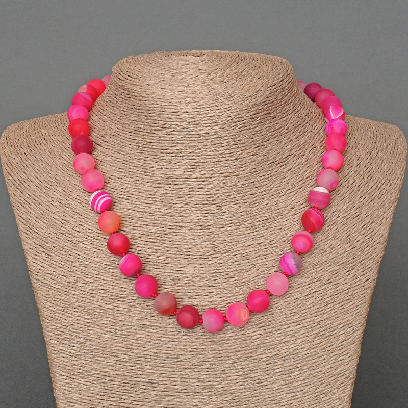 Necklace Agate Raspberry Matte natural stone smooth round bead, diameter 10mm+-, length 48cm+