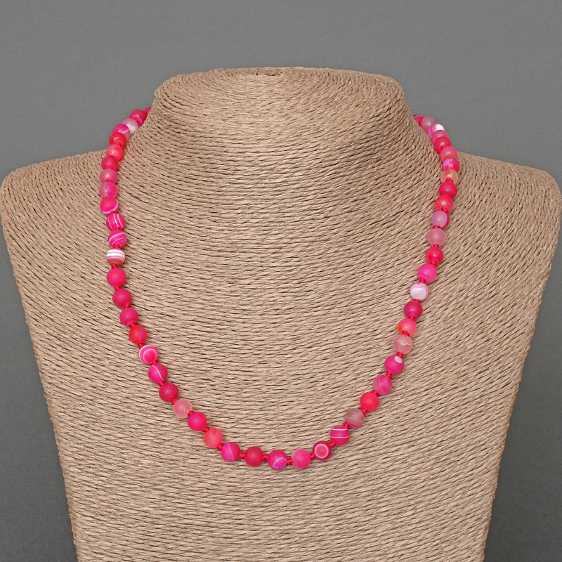 Necklace Agate Raspberry Matte natural stone smooth round bead, diameter 6mm+-, length 49cm+