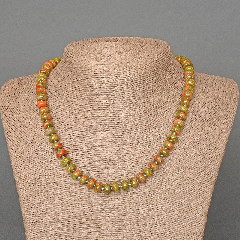 Heliotrope Jasper Necklace natural stone smooth rondelle, diameter 8x5mm+/-, length 47cm+