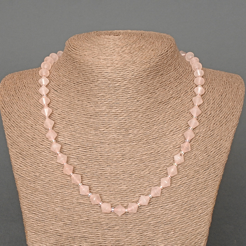 Rose Quartz Necklace, natural stone faceted rhombus, diameter 8x8mm+-, length 49cm, with seed beads