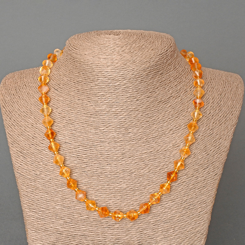 Citrine Necklace, natural stone faceted rhombus, diameter 9x8.5mm+-, length 50cm, with seed beads