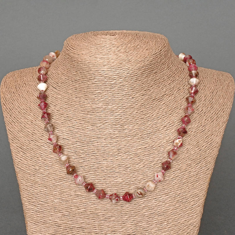 Tourmaline Necklace, natural stone faceted rhombus, diameter 8x8mm+-, length 49cm, with seed beads