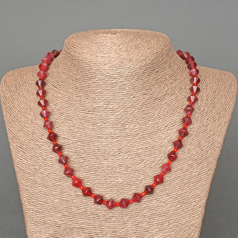 Rubellite Tourmaline Necklace, natural stone faceted rhombus, diameter 8x8mm+-, length 49cm, with seed beads