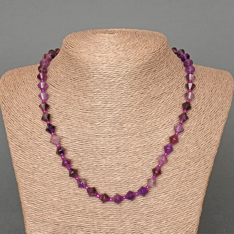 Amethyst Necklace, natural stone faceted rhombus, diameter 8.5x8.5mm+-, length 49cm, with seed beads