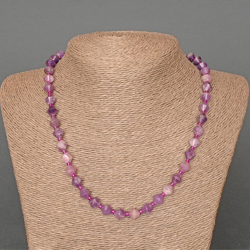 Amethyst Necklace, natural stone faceted rhombus, diameter 8x8mm+-, length 49cm, with seed beads