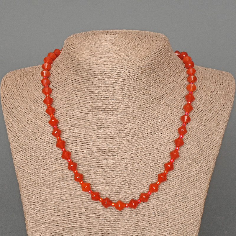 Carnelian Necklace, natural stone faceted rhombus, diameter 8x8mm+-, length 49cm, with seed beads