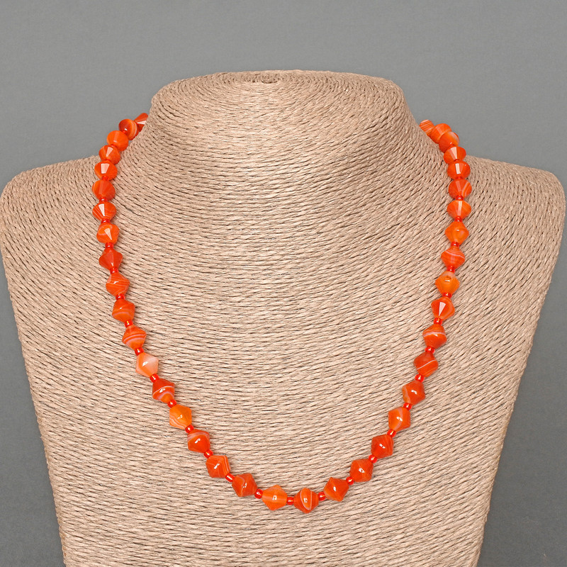 Carnelian Necklace, natural stone faceted rhombus, diameter 8x8mm+-, length 49cm, with seed beads
