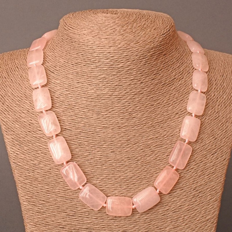 Rose Quartz Necklace, natural stone rectangle, diameter 13x18mm+-, length 48cm