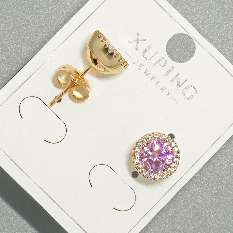 Xuping Stud Earrings with Pink Crystal and White Rhinestones, round setting, diameter 9.5mm, gold plated