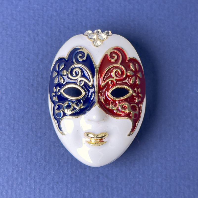 Mask Brooch White Black Burgundy Enamel White Rhinestones Gold Metal 27x39mm+