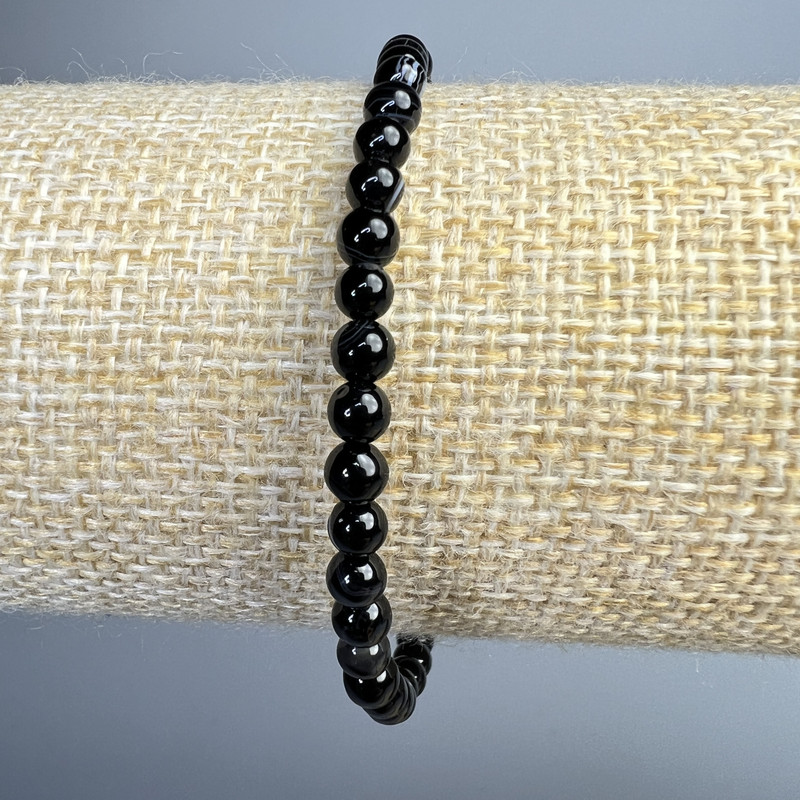 Black Eye Agate Bracelet, Natural Stone Smooth Bead, Diameter 4mm+/-, Length 18cm+/- (Stretch)